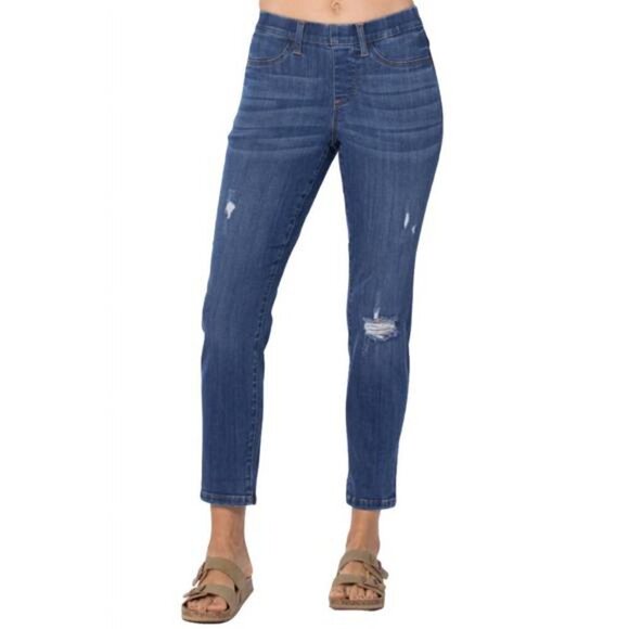 Judy Blue Jeans Women's 32 Blue Boyfriend Pull on Denim Destroyed Jegging Relax - Picture 1 of 16